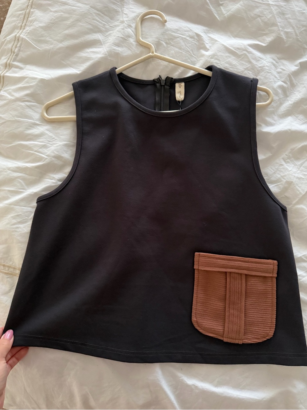 Ava & Lu Black Sleeveless Tank with Brown Patch Pocket
